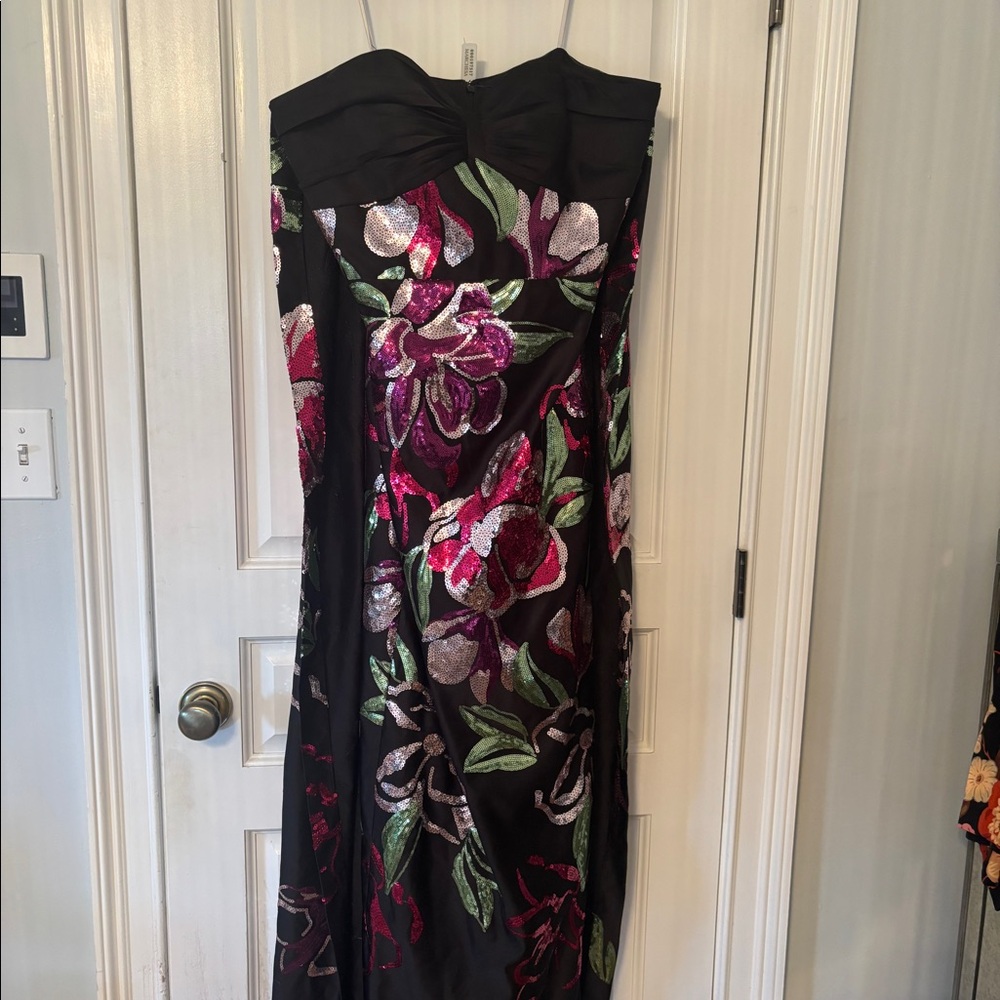Black and pink sequin floral gown
